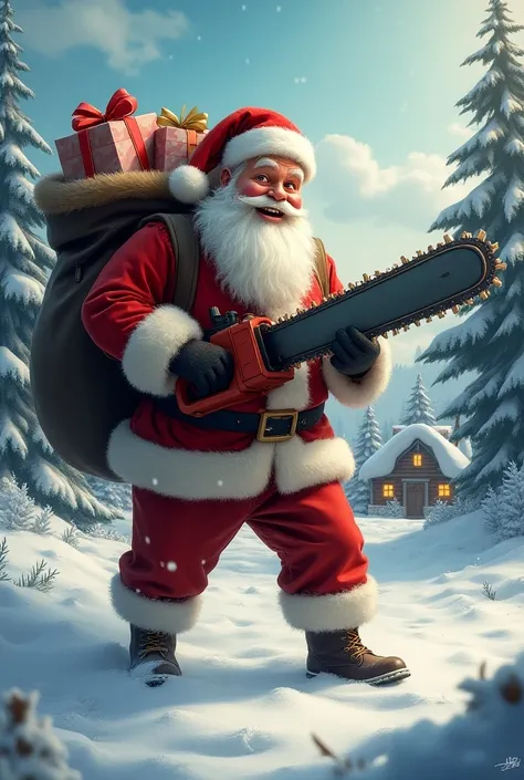 Santa Claus with a chainsaw and a gift bag 