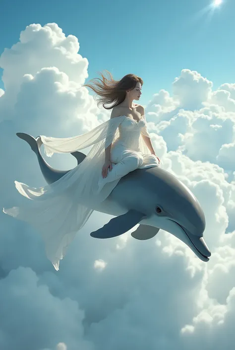 make a 20 year old girl in transparent white clothes with big breasts riding a dolphin that dives into the clouds in the sky, detailed clouds, as realistic as possible, work of art, award-winning work, background blur effect