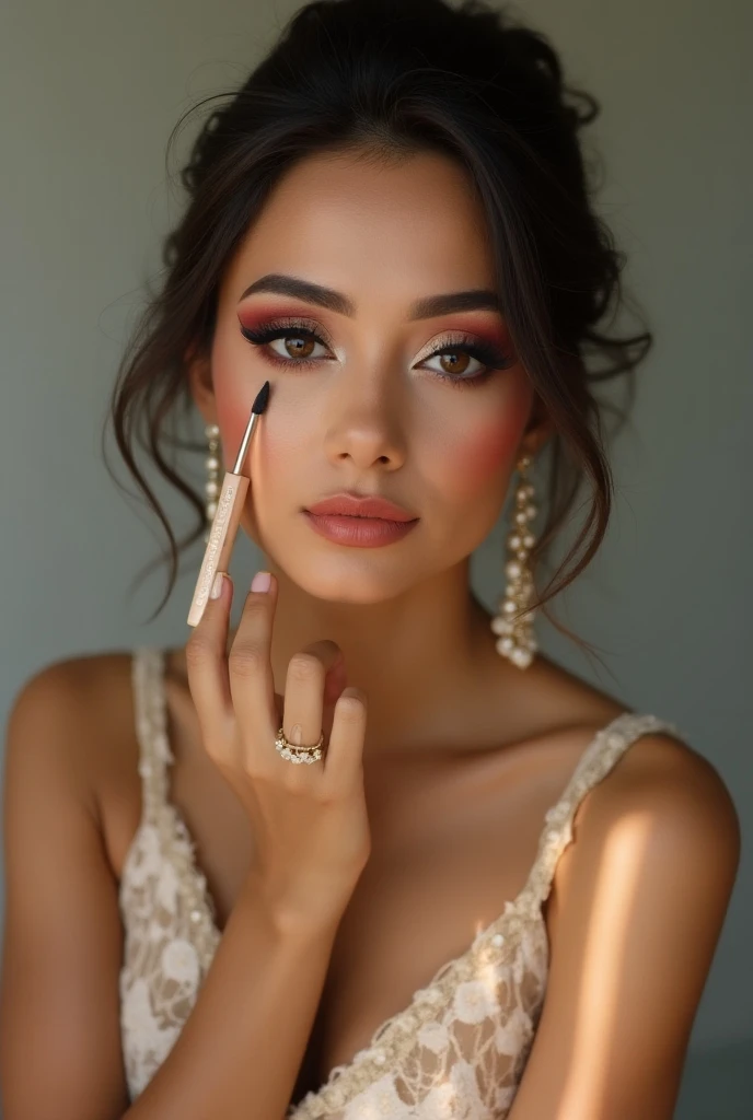 Create me a sexy model of Pakistani origin who does her makeup in an original way, that is to say that the photo is real 
