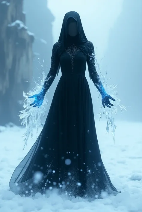  A 3-meter tall woman in a long black dress with a black visor covering her eyes,with ice powers in a frozen place 