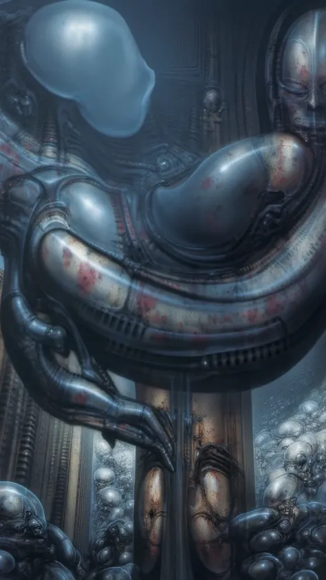 H. R. Gigers g1g3r, , Giger_style, H. R. Gigers g1g3r, , Giger_style, The image is a detailed view of H.R. Gigers " VAULT IV " plate, featuring ( A painting of (biological style scenery), (neoplasticism:liminal void:0.1),a statuesin futuristic city, diesel...