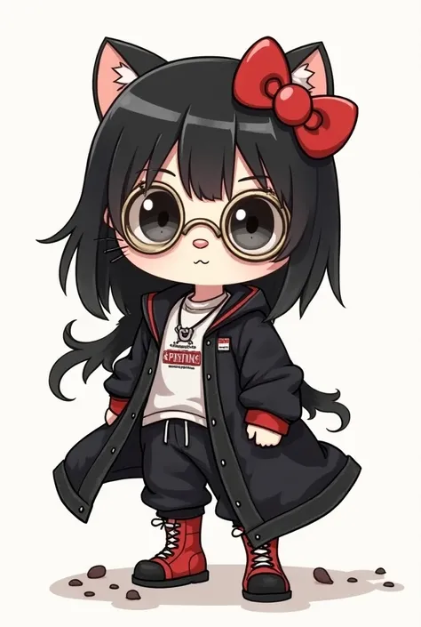 I want you to do a classic Hello Kitty in 2D with hair, seeds,   black hair and long streatwear-like clothes and with round transparent lenses 
