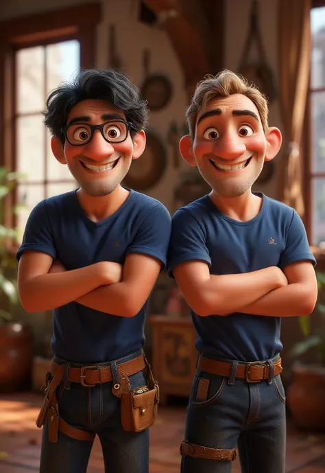 Create a Disney/Pixar-style 3D image of two adultn nearly 30s electrician men side by side with expressive, detailed features. Both are wearing navy blue t-shirts and jeans. They have a confident posture with crossed arms, light smiles and look straight ah...