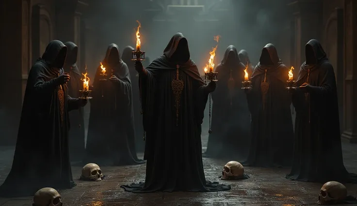 people in medieval clothes holding candles in a dark room, skulls and fire on the floor