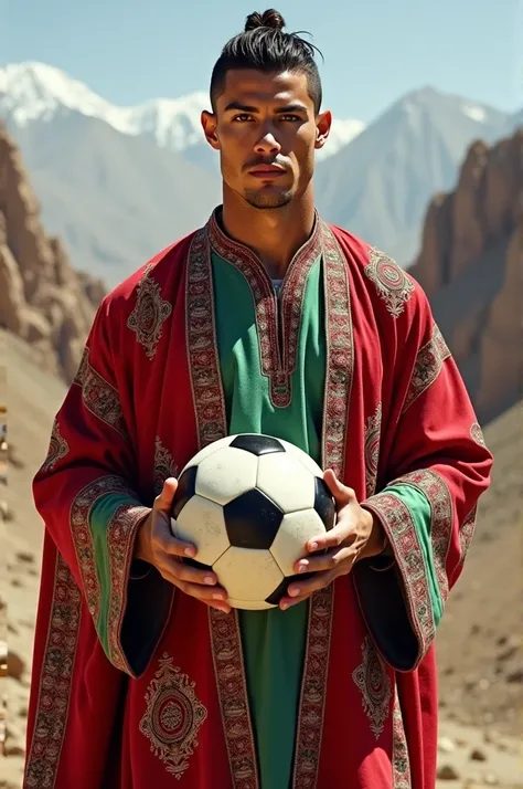 Make Christiano Ronaldo have football in his hand in afghani dress 