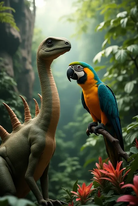 "Create an image featuring an Amargasaurus on the left and an Amazon Parrot on the right. The Amargasaurus is depicted in a prehistoric setting, with its long neck arched gracefully and its distinctive spines highlighted against a backdrop of ferns and roc...