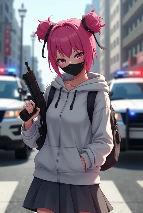 Two buns pink hair girl
White hoodie name Mary
Grey Skirt
Black mask
Carrying weapons 
Police cars in streets
Shooting effect
