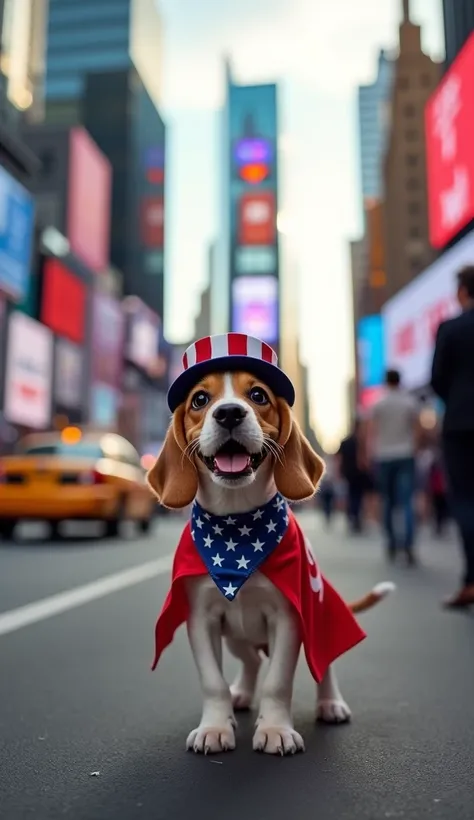 "Create a realistic image of a beagle puppy walking down a bustling New York City street near Times Square. The beagle wears a red, white, and blue bandana around its neck, a tiny American flag cape, and a star-spangled top hat. Its fur is short and smooth...