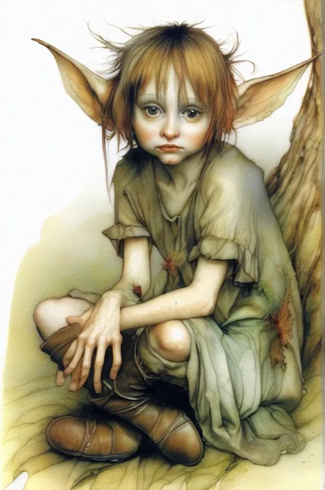 Wendy Froud Style - illustrate by brian froud, 1 girl, fairie, boots, Short Hair, Hair Ornament, Pointy Ears, Best Quality, 