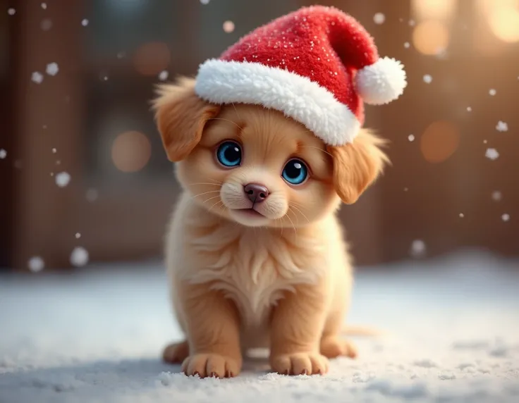 Puppy with blue eyes light brown standing with a Christmas hat