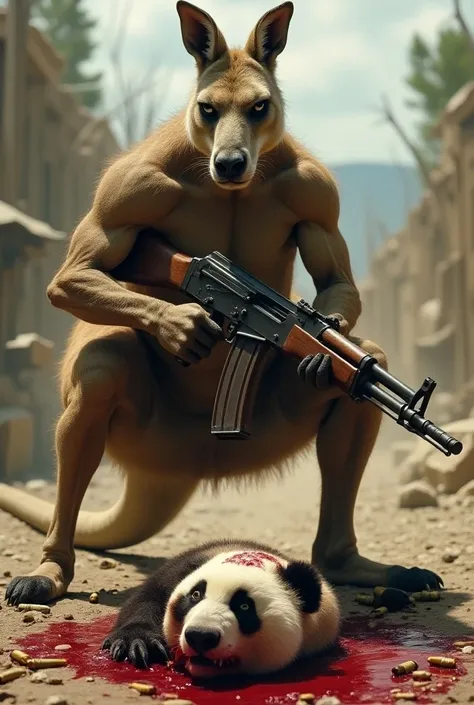 Muscular kangaroo with an Ak47 and a panda head shot on the ground with lots of blood
