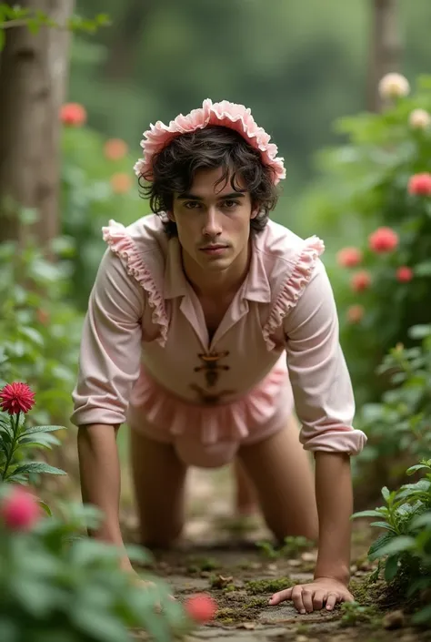 A handsome adult middle length wavy dark haired caucasian man twenty years old in frilly blouse, pink diaper, bonnet, crawling in a garden. full figure. high quality. real photo.