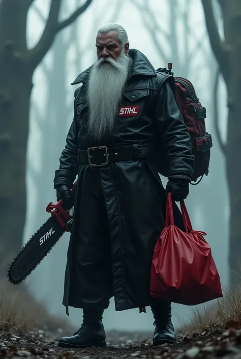 Santa Claus with a chainsaw and a gift bag mais futurista, With black clothes and name "stihl" in the clothes, with trees around