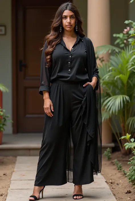 woman outside home wearing light black Sexy  Womens Cotton Blend Straight Kurta Pant Set With Dupatta, curvy model, beautiful model girl, perfect body, sexy girl, wearing tight shirt, lovely woman, brown hair and a perfect body, very attractive and beautif...