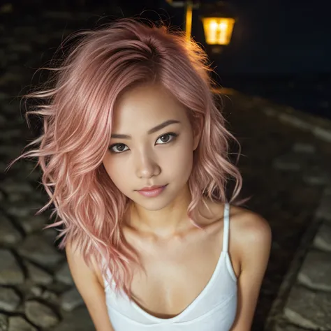 arafed woman with pink hair sitting on the beach, flowing pink hair, with pink hair, photo of a beautiful woman, long flowing pink hair, pink golden hour, curly pink hair, beautiful young asian woman, beautiful asian woman, wild ginger hair, pink wispy hai...