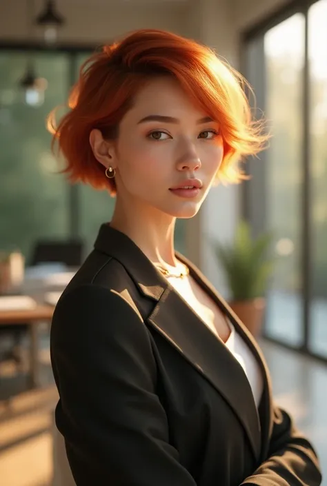 Copper-haired woman with short skin in an office