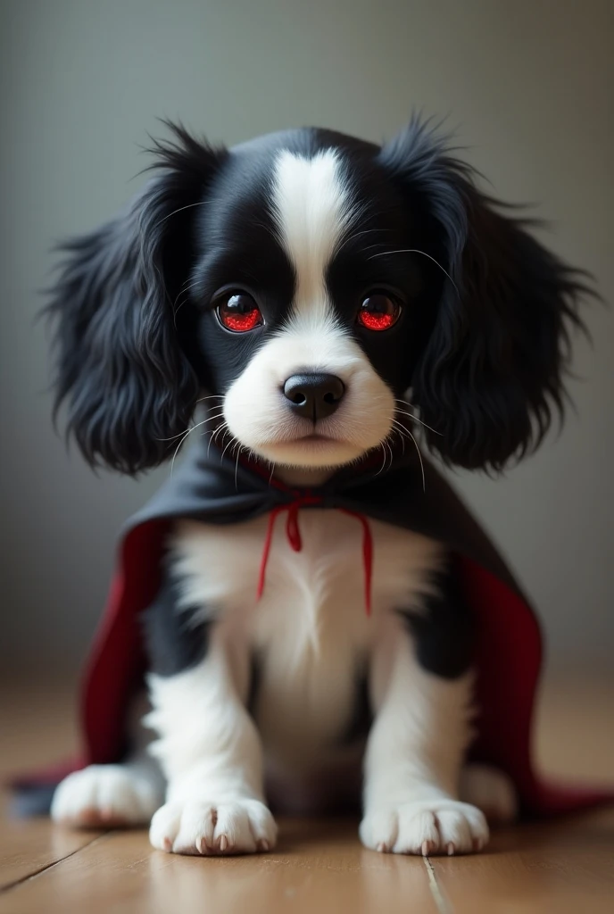  A cute and realistic picture of a young black and white Springer Spaniel, The vampire dog wants to be ,  with sparkling red eyes and a small vampire cape 