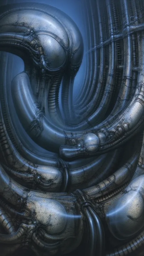 H. R. Gigers g1g3r, , Giger_style, H. R. Gigers g1g3r, , Giger_style, The image is a detailed view of H.R. Gigers " VAULT IV " plate, featuring ( A painting of (biological style scenery), (neoplasticism:liminal void:0.1),a statuesin futuristic city, diesel...