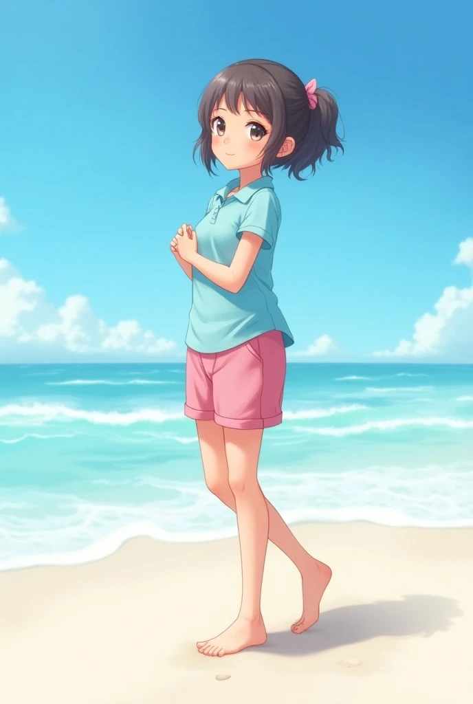 A  anime girl on the beach wearing brown skin and pink shorts and blue polo with bare feet