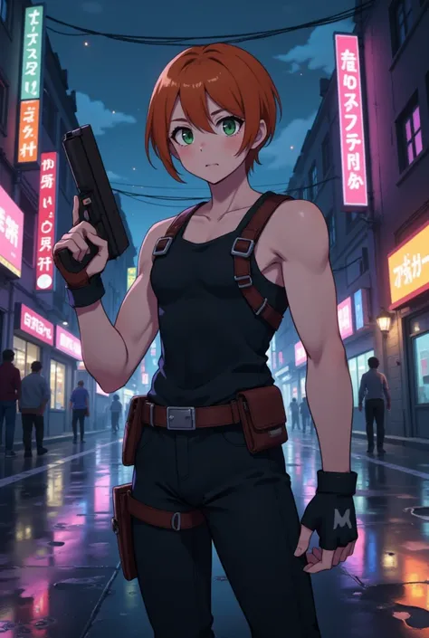 1boy, aoi yuta, ensemble stars!, orange short hair, green eyes, tank top, leather harness, stomach, solo, standing, city street, cyberpunk, neon light, gun in hand, night, realistic background, studio lighting, soft focus, physically-based rendering, profe...