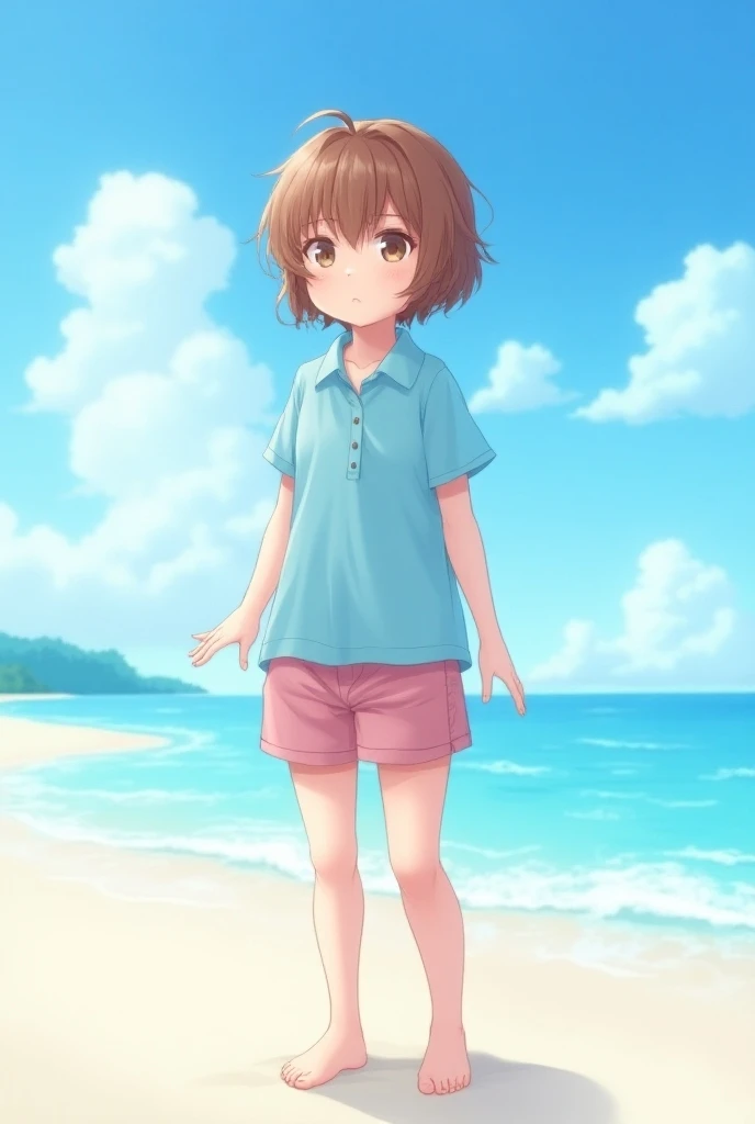 A  anime girl on the beach wearing brown skin and pink shorts and blue polo with bare feet