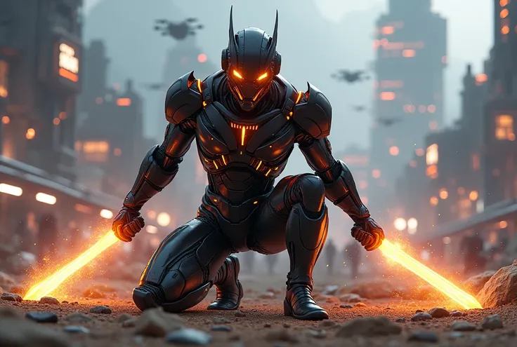 A futuristic, cybernetic warrior kneeling in a dynamic pose on a sci-fi battlefield, exuding immense power and energy. The figure is clad in sleek, advanced black metallic armor with glowing orange energy coursing through the suit, particularly around the ...