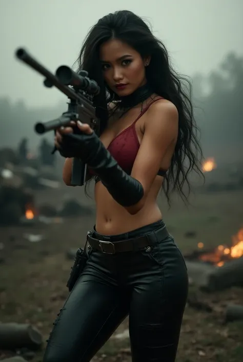 A stunningly beautiful woman with long flowing hair, big breasts, dressed in black leather pants and red bra, crouched in a battlefield, holding a powerful sniper rifle, ready to aim and take her shot, (best quality,4k,8k,highres,masterpiece:1.2),ultra-det...