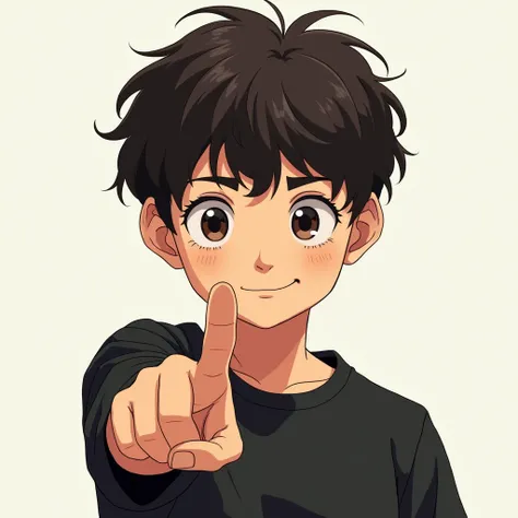 Front wide view, young boy with short curly hair, fair skin, extending one finger forward with his hand closed. His expression is direct and serious, without a smile, as he looks in the direction he is pointing. He wears a black shirt. ((manhwa style: 1))
...