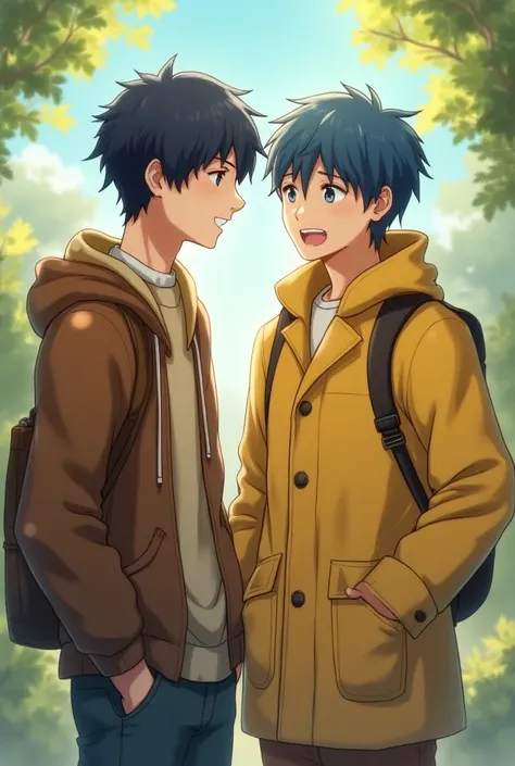  create an image where  ; there is a black-haired young man wearing brownish and beige .  And next to you a smiling blue-haired young man wearing a yellow coat.  The blue-haired young man has lighter skin , And its a little lower 
Dont wear anime look !