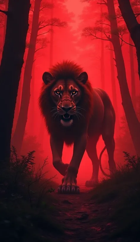 Location: The same forest, now bathed in a mysterious red light. Strange shadows shift between the trees. There’s an odd smell and a sense of tension hanging in the air.

Character: A Lion-Rat hybrid—a monstrous form that merges the bodies of the lion and ...