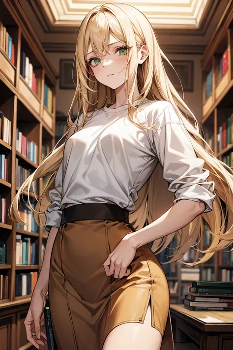  woman , blind,  long hair,  blonde,  green eyes ,  white t-shirt ,  brown skirt ,anime art, Beautiful Body,  pretty face ,  high detail , 8 k,  detailed arms ,  correct anatomy , in a small bookstore