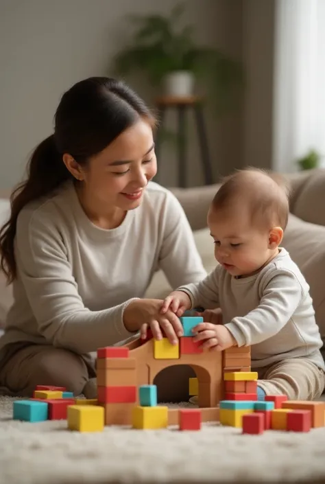 Mother  sitting on the couch and looking her baby building bridge with cubbies  and the baby looking at her 