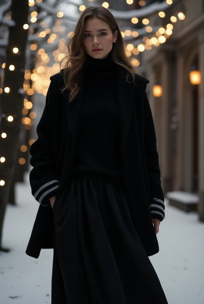 An outfit , for men and women ,   of black sweater and pants . Above that outfit, have white Christmas lights placed.  For men like a vest and for women a skirt
