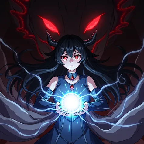 Demon woman anime drawing .  black hair .  red eyes. black horns.  Behind her back she has a huge dragon in an anime drawing with red eyes.  The demon woman spread her arms to the sides .  A blue glow appeared between her arms that looked like a flame . 