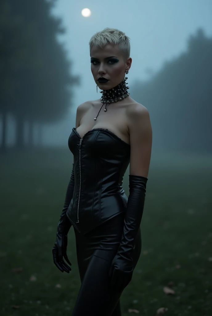 Full body photography of a sexy 20 year-old beautiful woman from Poland, whole body, very ultra detailed photo, ultra detailed face, black latex corset, high closed black latex Dress, high heel boots, black latex gloves, black leather choker with spikes, P...