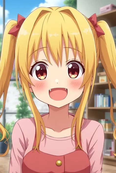 Blonde girl with long pigtails smiling showing her fangs against the background of an anime-style room