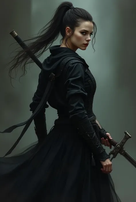 Black dressed martial woman with sword, hair in ponytail, dark fantasy style, dark fantasy character design, fantasy character portrait, dark fantasy mixed with realism, dark fantasy style art, as medieval fantasy character, portrait of a young witch, goth...