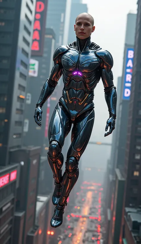 A cyborg superman flying through a futuristic city, advanced technology belonging to the huge corporation, glowing cybernetic implants, dramatic lighting, cinematic camera angle, hyper-detailed, photorealistic, 8k, HDR, seamless integration of man and mach...