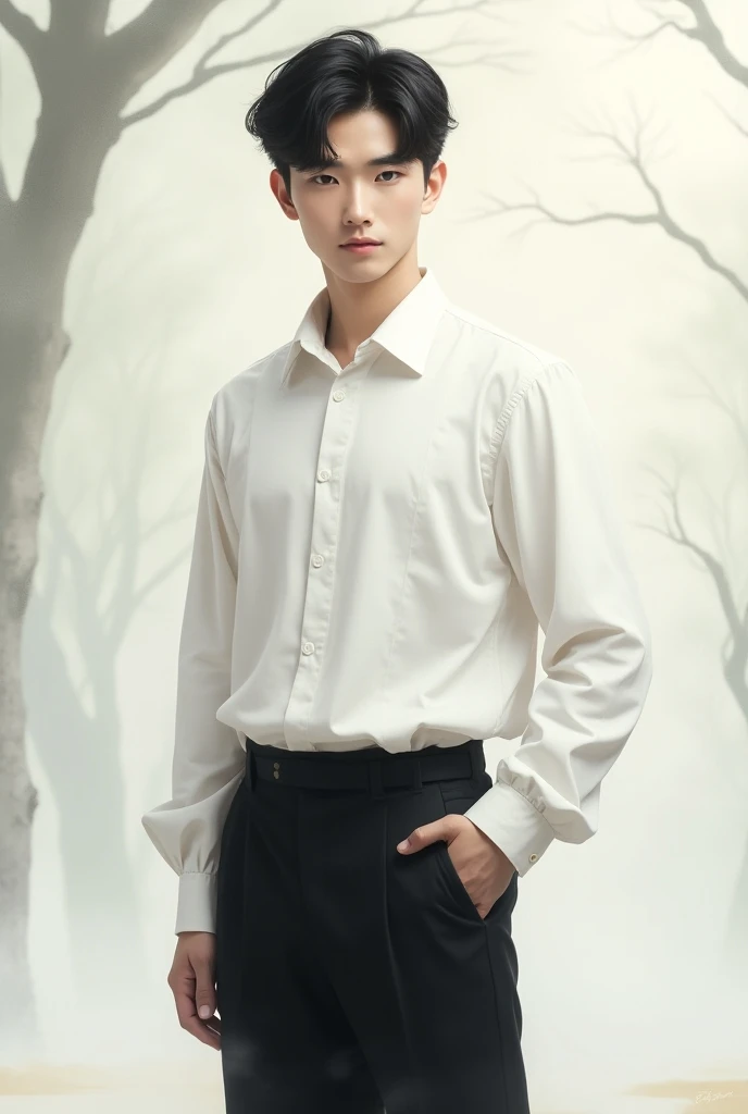 It is a fictional image of a young man with a tall posture and a handsome face wearing a school uniform consisting of a white shirt and black pants 
In the Chinese fantasy painting style .
