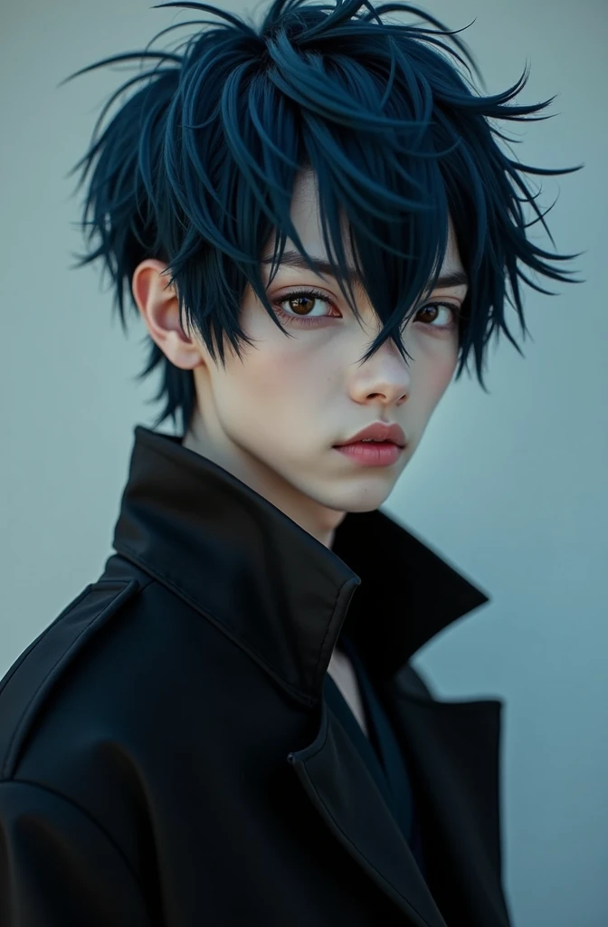 Photo of a teenage anime man in black clothes with Petro hair from Japanese 