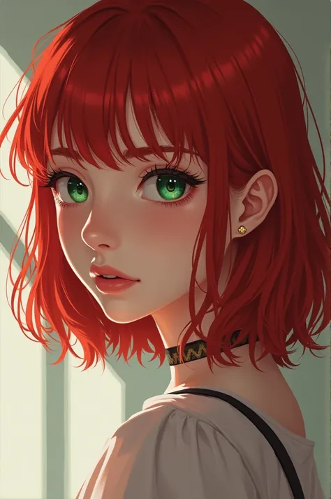 Make an image of a red-haired woman with bangs that cover her right eye green eyes serious face anime version 