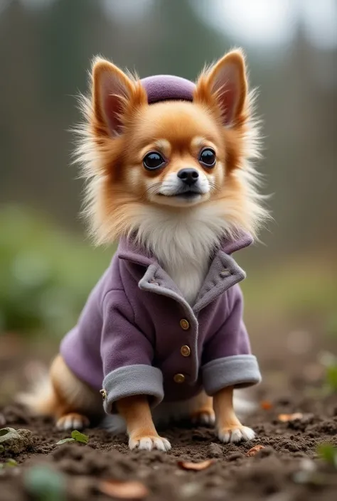 luxury sustainable dog clothing brand inspired by the chihuahua CHICHI, consider a chic and playful silhouette of a long hair chihuahua wearing beret and jacket , exuding elegance and style. Incorporate elements that symbolize sustainability, such as a lea...