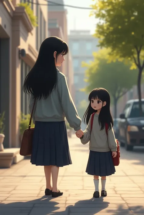 Little white girl with black hair going to school with her mom 