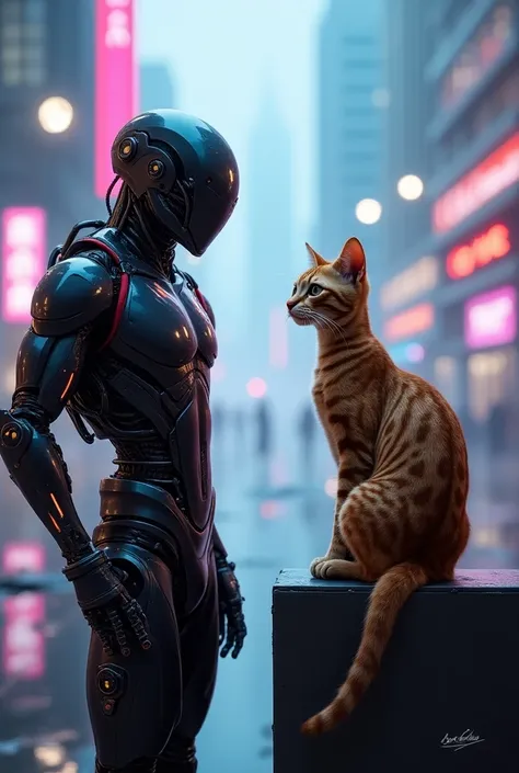 "Create an image featuring a cyborg on the left and an Abyssinian cat on the right. The cyborg stands confidently, showcasing its sleek metallic features and glowing circuitry, set against a backdrop of a vibrant, high-tech urban landscape. On the right, t...