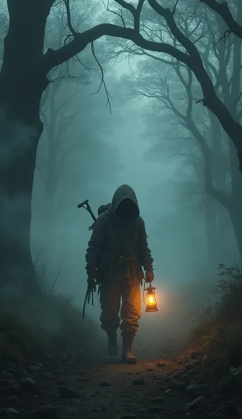 A lone figure, a young adult, stands within a dark forest, the air thick with swirling, dark smoke that obscures the path ahead. The figure is prepared for the darkness and danger ahead, carrying a lantern or a torch, and their expression shows a blend of ...