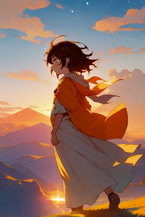 "Anime-style illustration featuring a young, determined protagonist standing on a hilltop at sunrise, looking toward a bright and hopeful horizon. The character has short, dark hair and wears a light, flowing outfit that blows in the wind, symbolizing a jo...