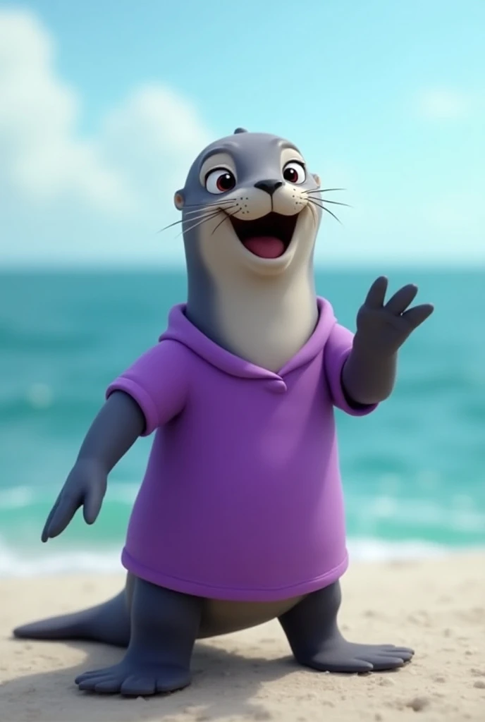 Create an animated sea lion wearing a purple shirt standing with its mouth open