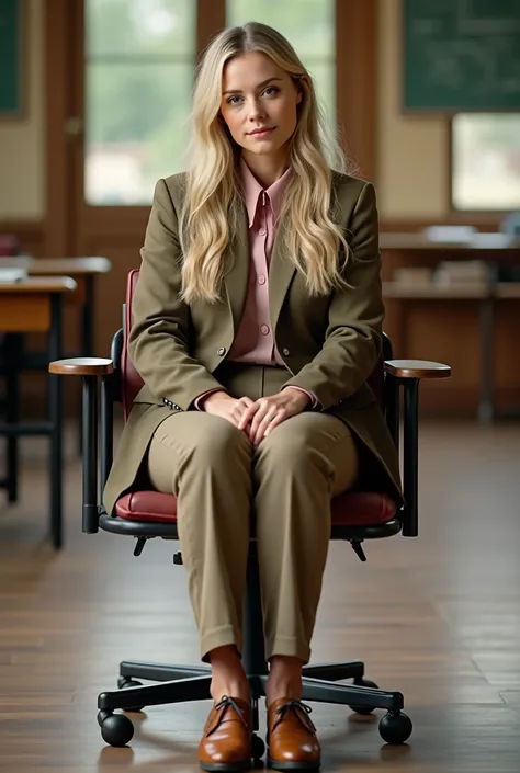 Woman teacher with long blond hair sitting in classroom. She is wearing brown slacks, pink blouse and brown jacket with brown 👞. 