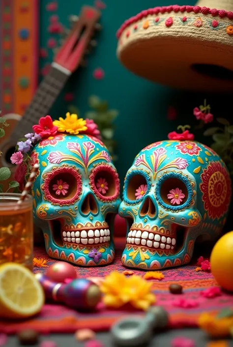  Mexican skulls with Mexican hat with Mexican matals and flowers ,  a chopped lemon  , a tequila , Mexican guitar and maracas everything that is animated and png  