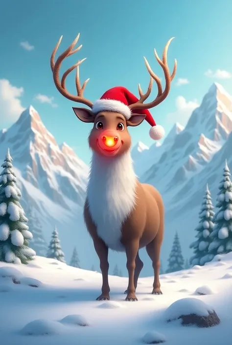 "Reindeer with a red nose and a Santa hat, with snowy mountains in the background."